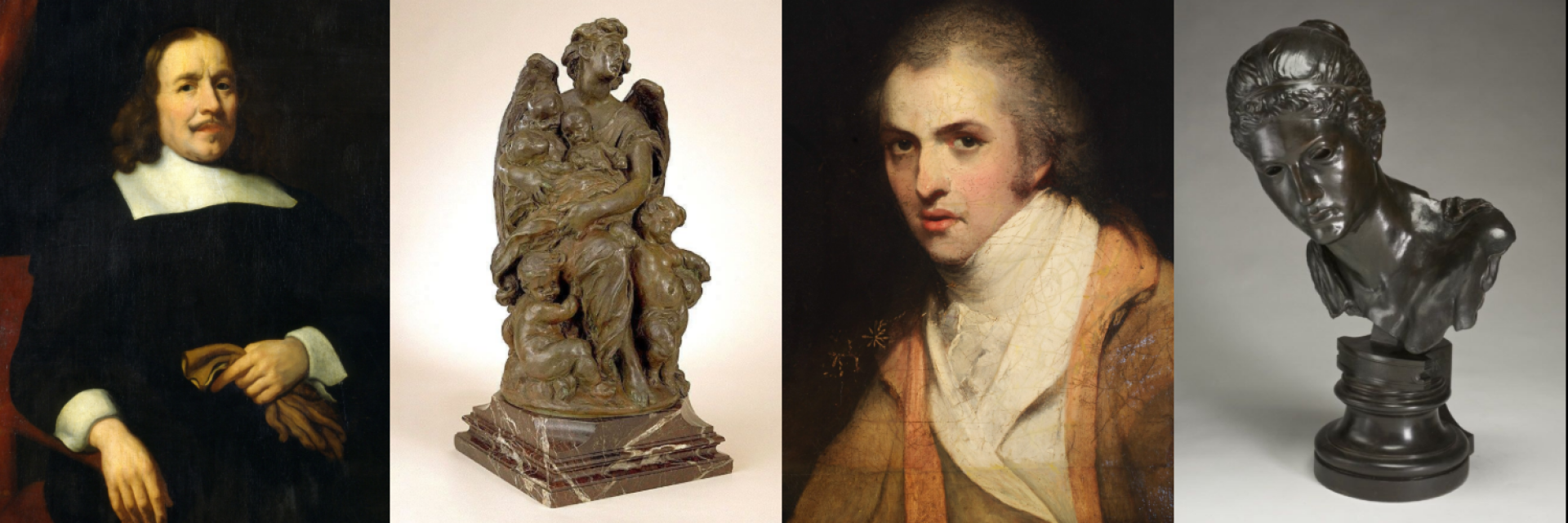 Four pictures of collection objects: painting of a man, sculpture of an angel, painting of a woman, sculputre of a head